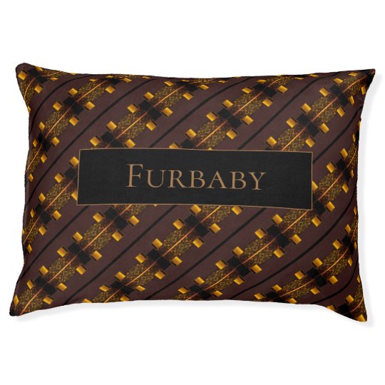 Personalized gold and burgundy pet bed.