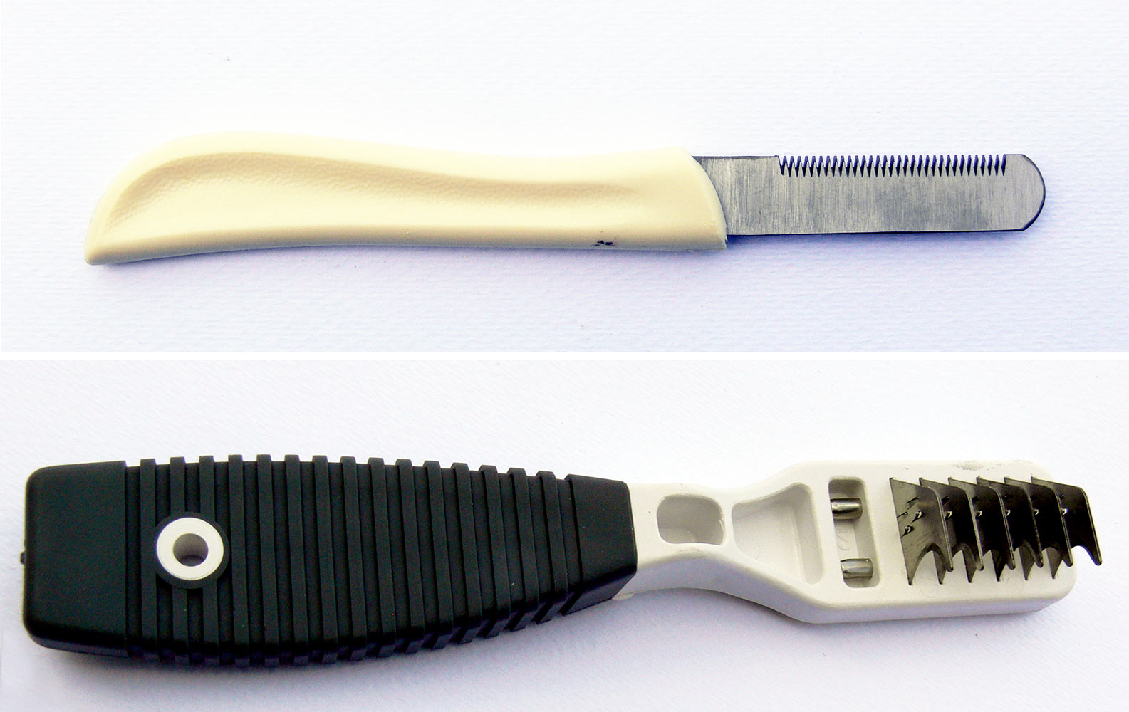 Dog de-matting combs for removing matted hair.